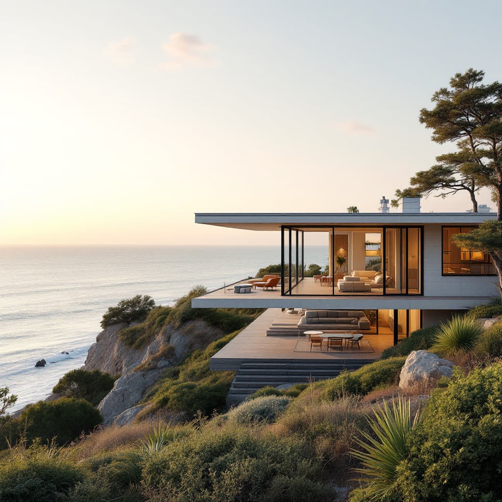 AI generated: Hyper realistic eye level exterior photo of a mid century modern style house overlooking the ocean, ...