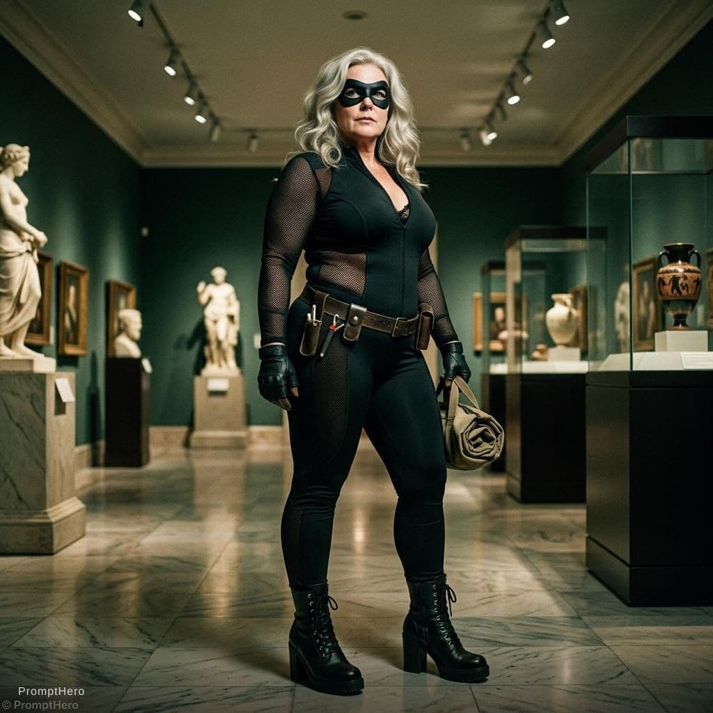 AI generated: Fifty-year-old woman, very fattened, blonde hair, thief, dressed in a tight-fitting jumpsuit, reveal...