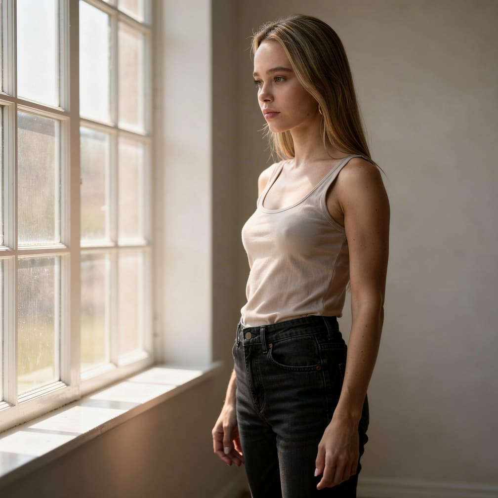 AI generated: A photorealistic portrait of a fit 28yo woman with long, straight, light brown hair, standing in a s...