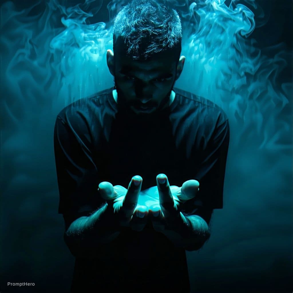 AI generated: a pitch dark men infront the camera (the Whole body steams) his hands are aligned downwards 

and he...