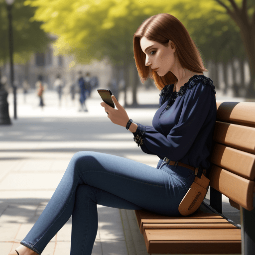 AI generated: cubism detail art. a woman wearing a blouse, dark blue jeans, brown sandals, is sitting on a bench i...
