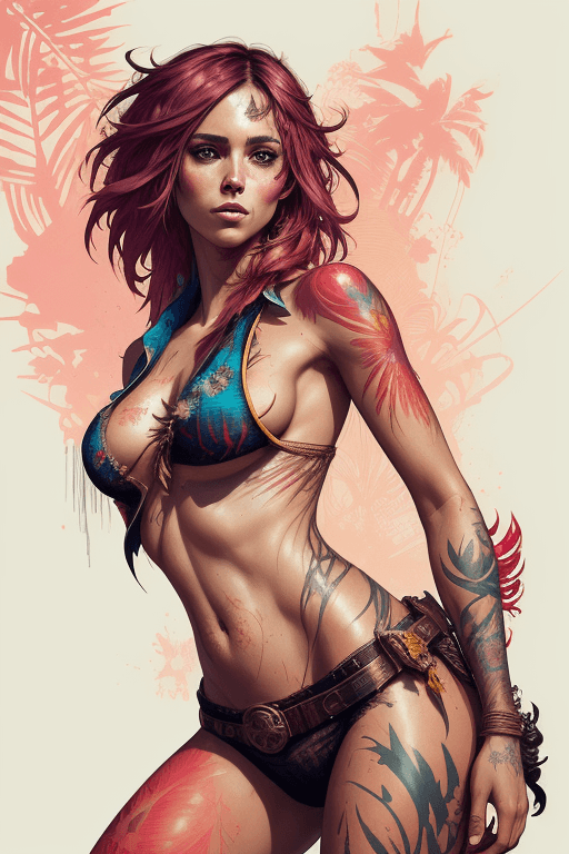 AI generated: A female pirate| tropical island background| dynamic pose |centered| key visual| intricate| highly d...