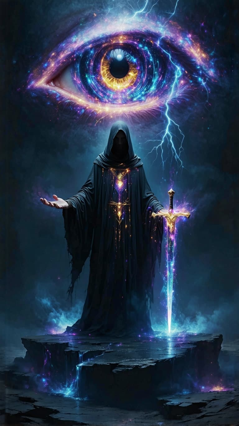 AI generated: A mystical figure levitates above a floating obsidian altar, their robes shifting through opalescent...
