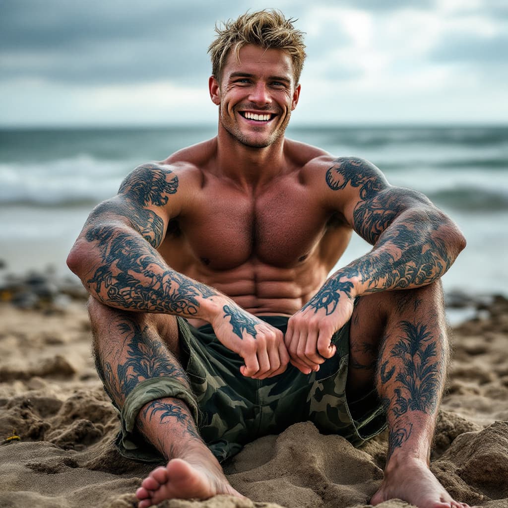 AI generated: Head to toe image, Young irish bodybuilder, lots of tattoos, short blonde hair, blue eyes, camouflag...