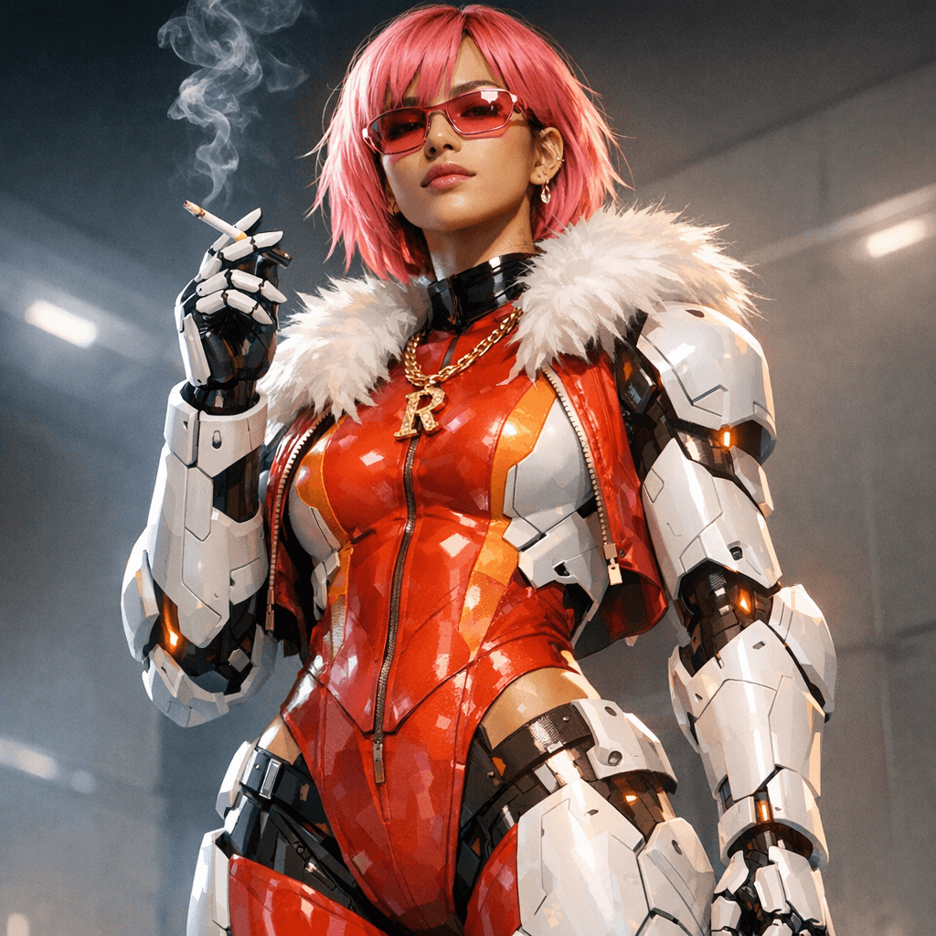 AI generated: A young woman of indeterminate ethnicity is depicted standing in a futuristic setting, centered in t...