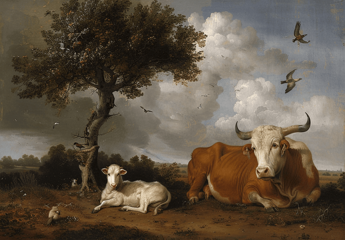 AI generated: A farmer with his cow and sheep, painted in the style of Jsteadman in the style of an old dutch land...