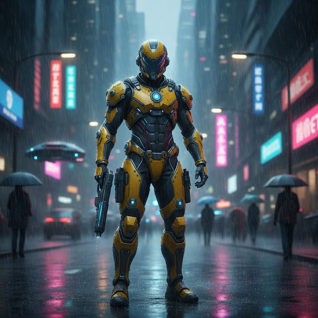 AI generated: A man in a futuristic yellow armored suit and holding a gun stands in a rainy city street near blurr...