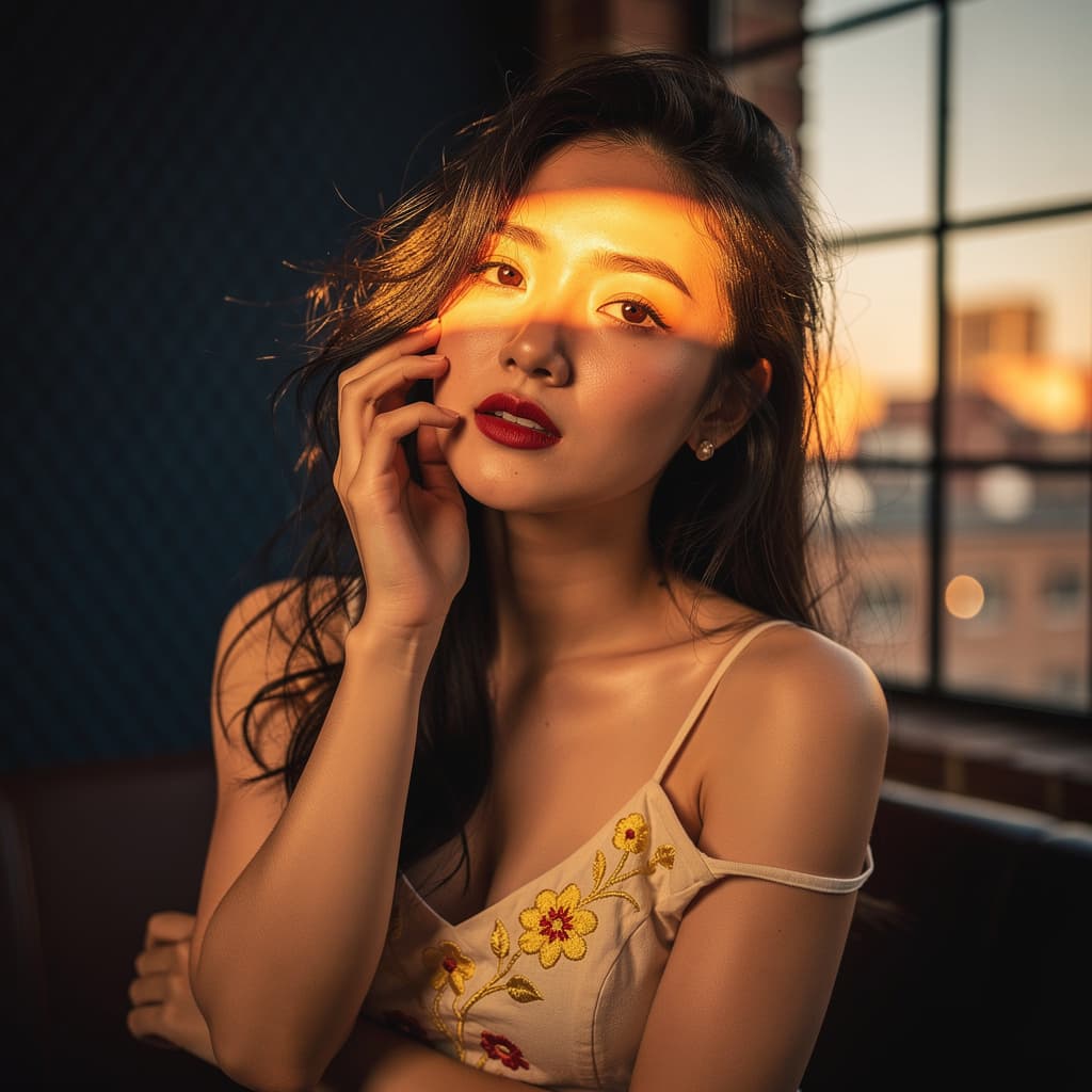 AI generated: A cinematic photorealistic boudoir portrait of a beautiful Asian woman kneeling on a bed. She is wea...