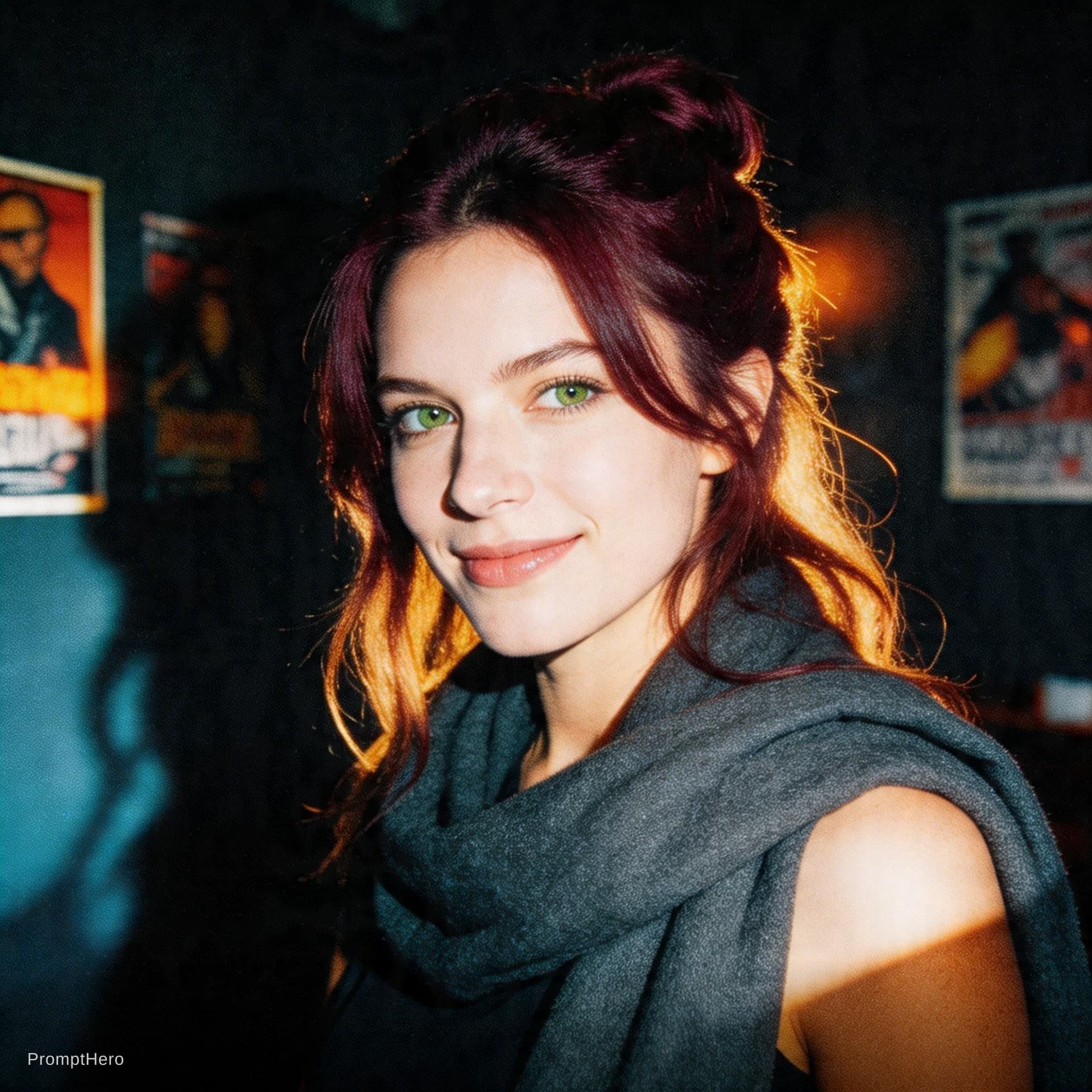 AI generated: A gritty 90s style flash photograph of a woman with pale skin and above average cup sizeand dark bur...