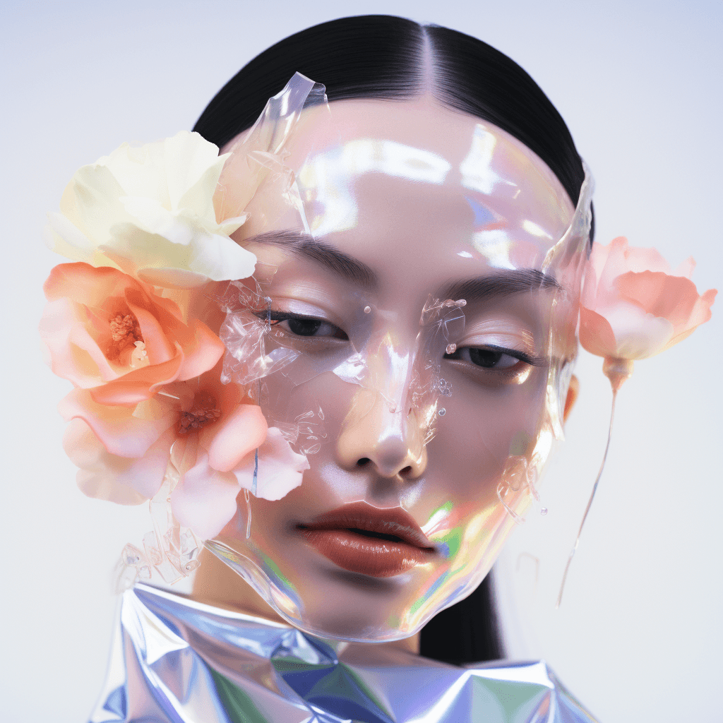 AI generated: beautiful Chinese model, fashion colorful makeup,  Shed tears, white and transparent flowers on head...
