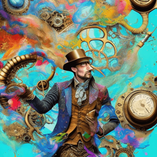AI generated: digitally creative psychedelic collage, steampunk, alchemist, colorful explosions, serge marshenniko...