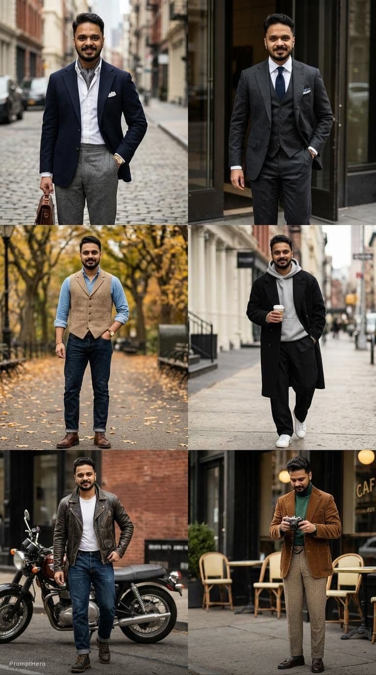 AI generated: old money style, menswear inspo, vintage mens fashion, leather jacket outfit men, three piece suit, ...