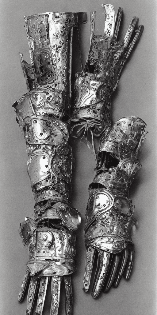 AI generated: a black and white photo of a pair of gloves, intricate renaissance armor, made up of many bits of me...