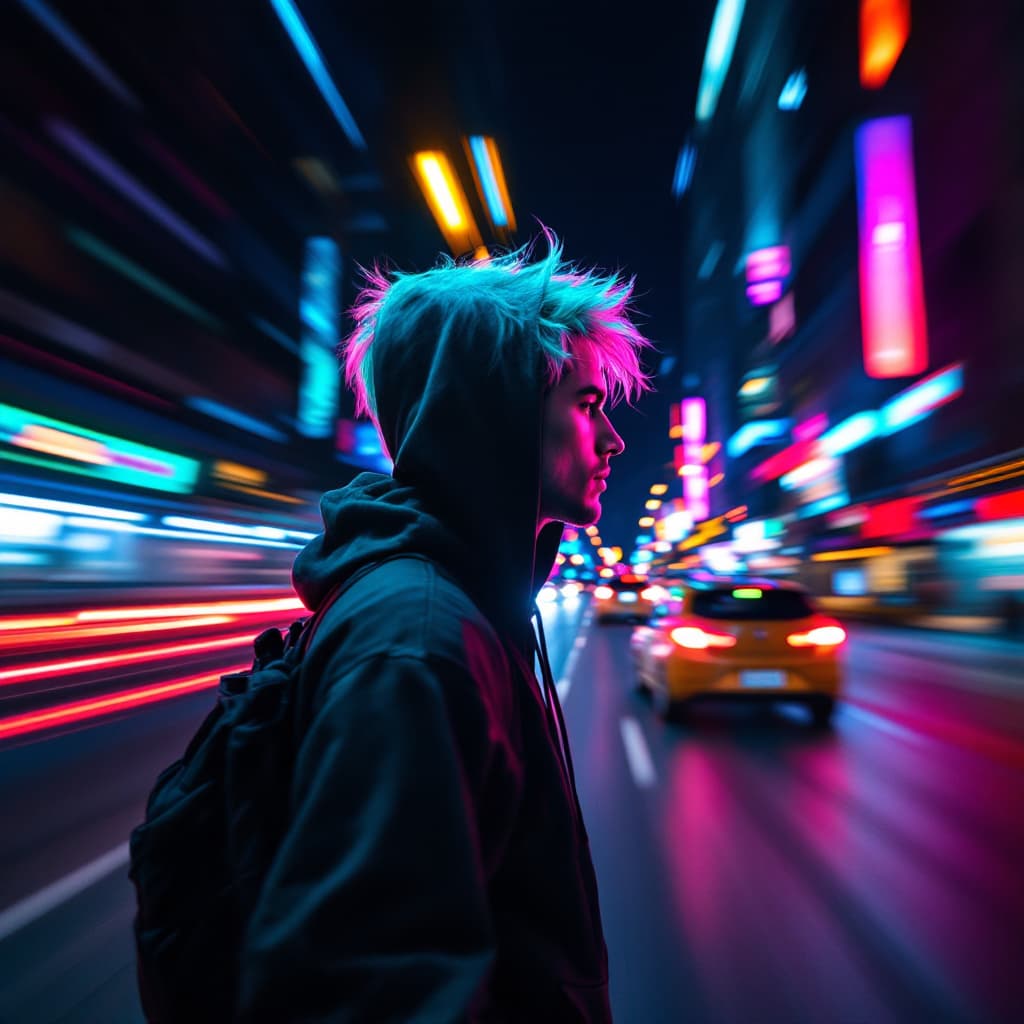 AI generated: photography, vibrant street capturing a man model in motion at night, wears over-fit hoodie with spo...