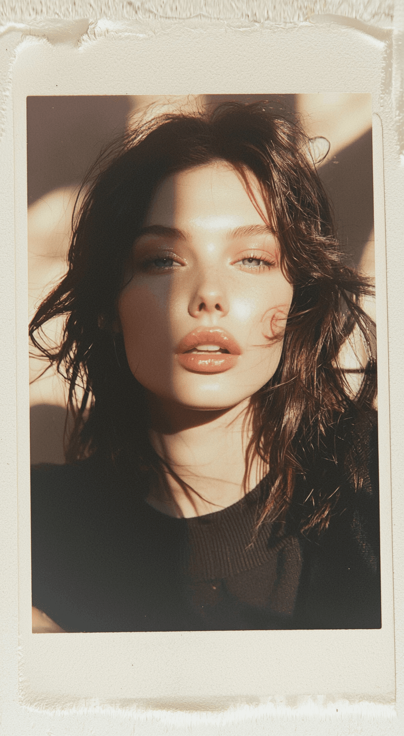 AI generated: A hyper-realistic, lifelike Polaroid proof of a Russian female model for a fashion shoot. She is cap...