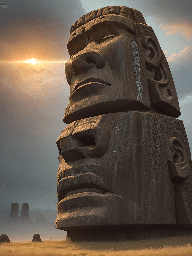 AI generated: Photo of a ultra realistic moai, one of the famed, giant stone, dramatic light, pale sunrise, cinema...