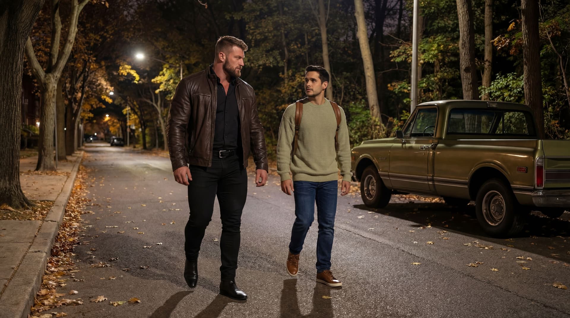 AI generated: At an Autumn night, on the street, next to a wooden area. The bodybuilder and the Hispanic guy are w...