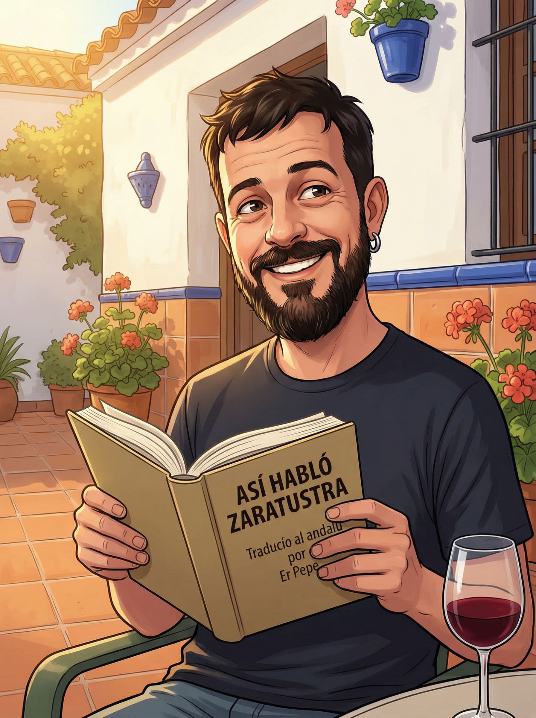 AI generated: Quiero que me pongas al tipo de referencia Leyendo a Nietzsche en andaluz. Realistic Cartoon Style