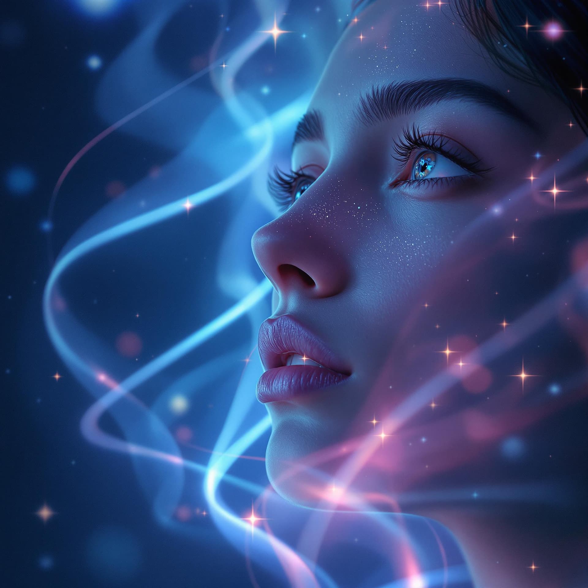 AI generated: Close-up of a serene, expressive face with dreamy eyes looking into the distance, surrounded by glow...