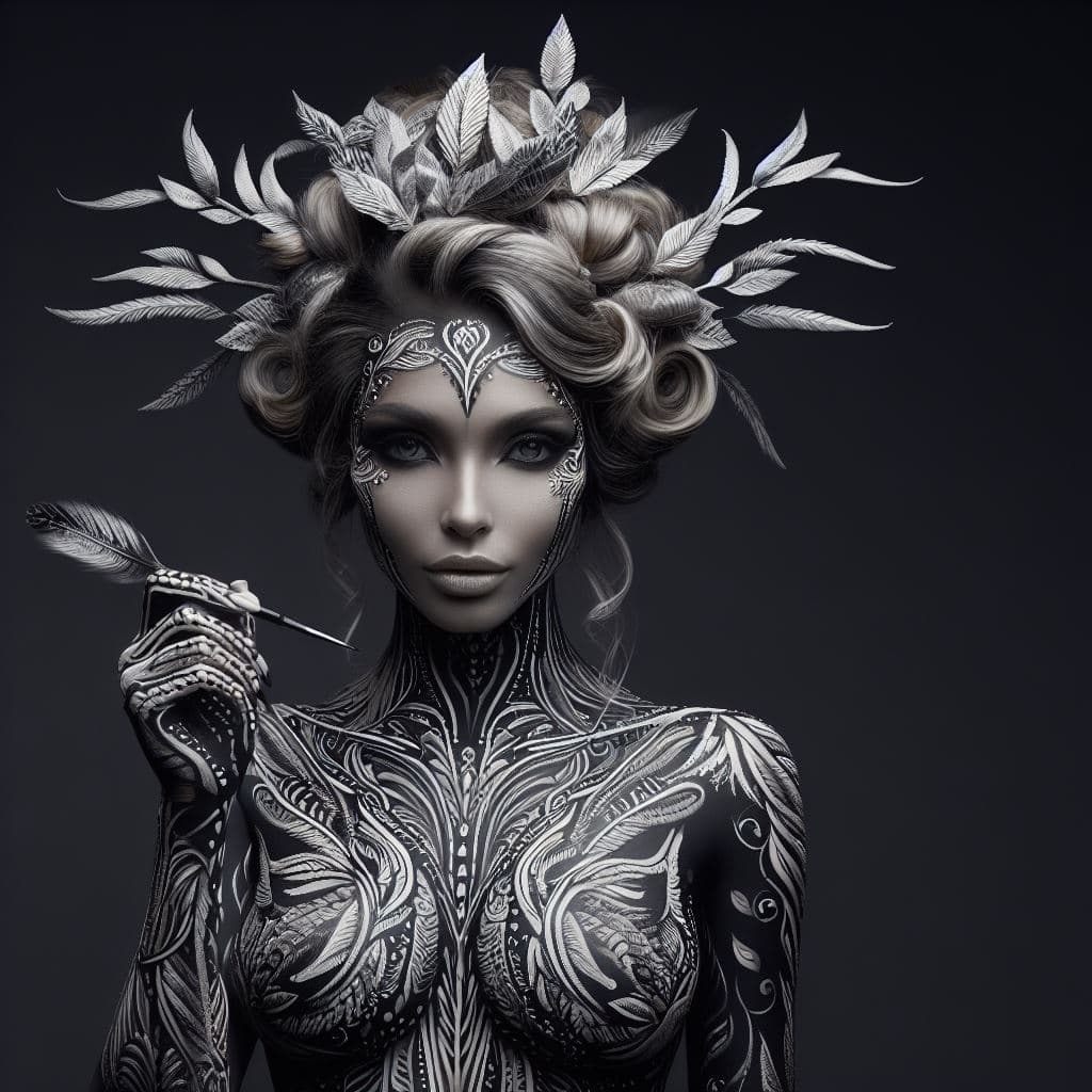 AI generated: Create a breathtaking masterpiece: a full-body portrait of an elegant woman adorned in intricate tri...