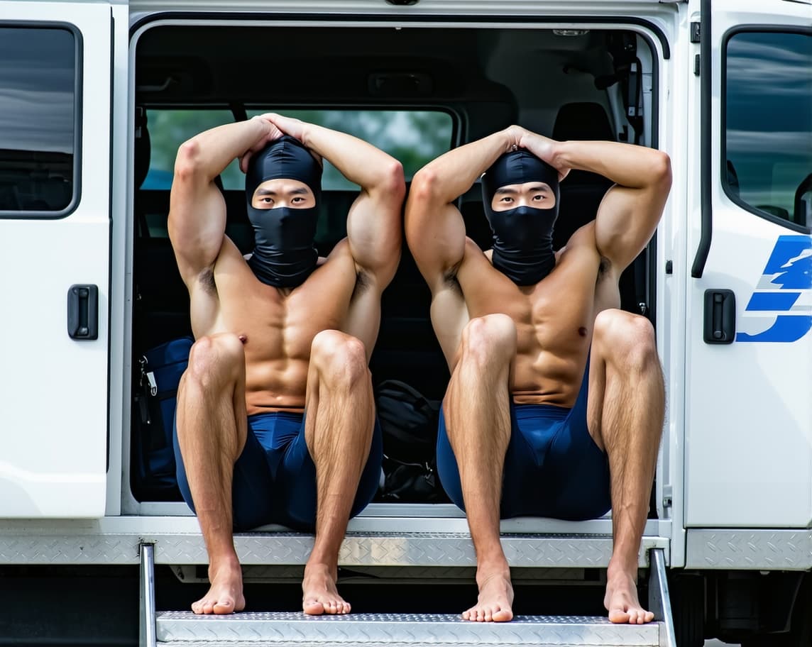 AI generated: Two male Chinese strong swimmers wearing compression swimming jammer shorts in navy color were arres...