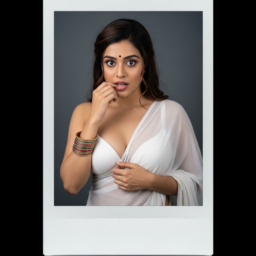 AI generated: Shuhani shah,  one hand on chest,biting her lip, 18-21 years old, brown hair, Indian hair style, sar...