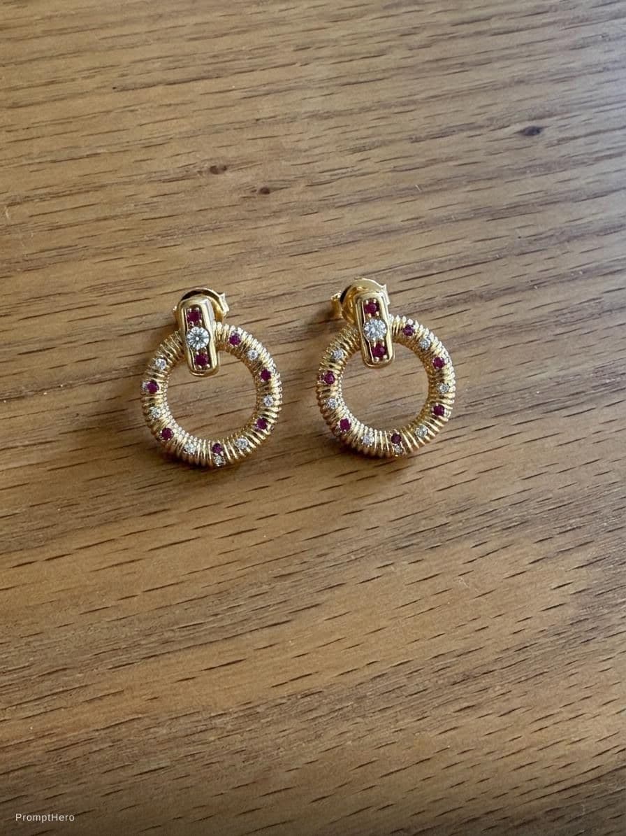 AI generated: gold earings with diamonds and rubies on it