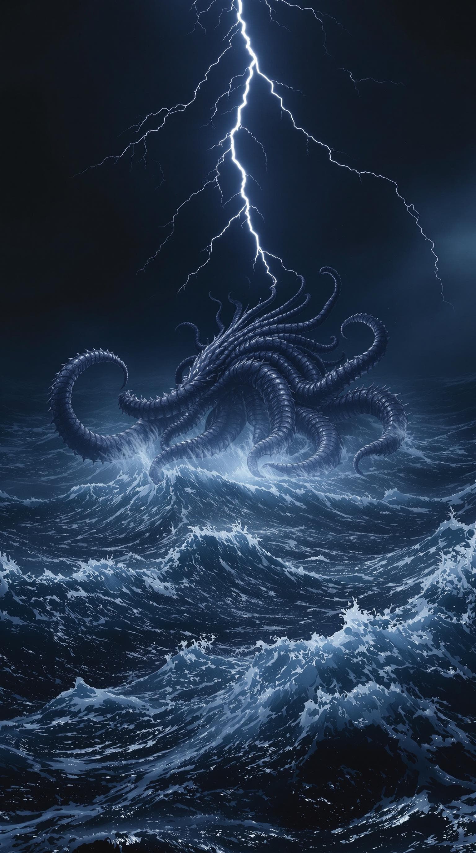 AI generated: 
OPEN OCEAN-A large Kraken sea monster EMERGING FROM THE OCEAN DEPTHS   Lightning forks across the d...