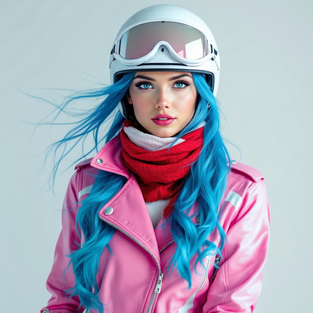 AI generated:  FULL BODY IMAGE. Standing facing the viewer, a woman with flowing locks of Blue Hair and piercing B...