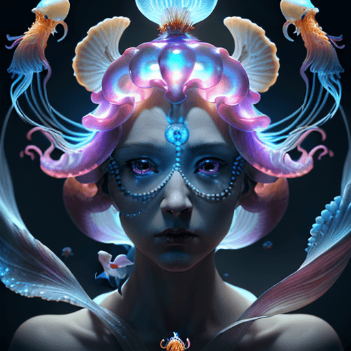AI generated: Goddess close-up portrait ribcagel. jellyfish phoenix head, nautilus, orchid, skull, betta fish, bio...