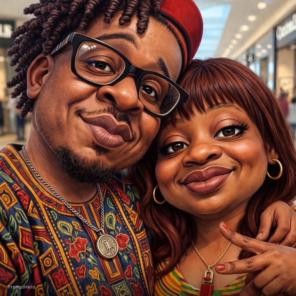 AI generated: funny caricature, adult man and woman (input Image), mid-30's, big cartoonish head, exaggerated cari...