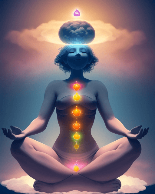 AI generated: A Women Sitting on cloud in Yoga Stype, the chakras should be aligned vertically, starting from the ...
