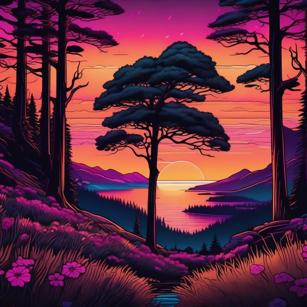 AI generated: cartoon of scottish national park with a painting made of carved wood, bathing in rich light, deep c...