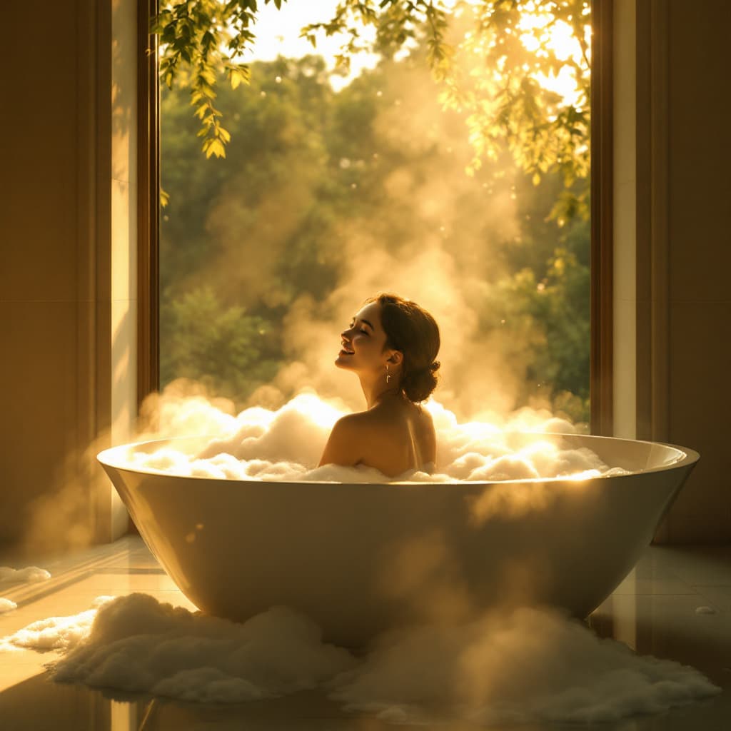 AI generated: A cinematic fine art scene of a girl bathing in a large, elegant tub filled with warm water and foam...