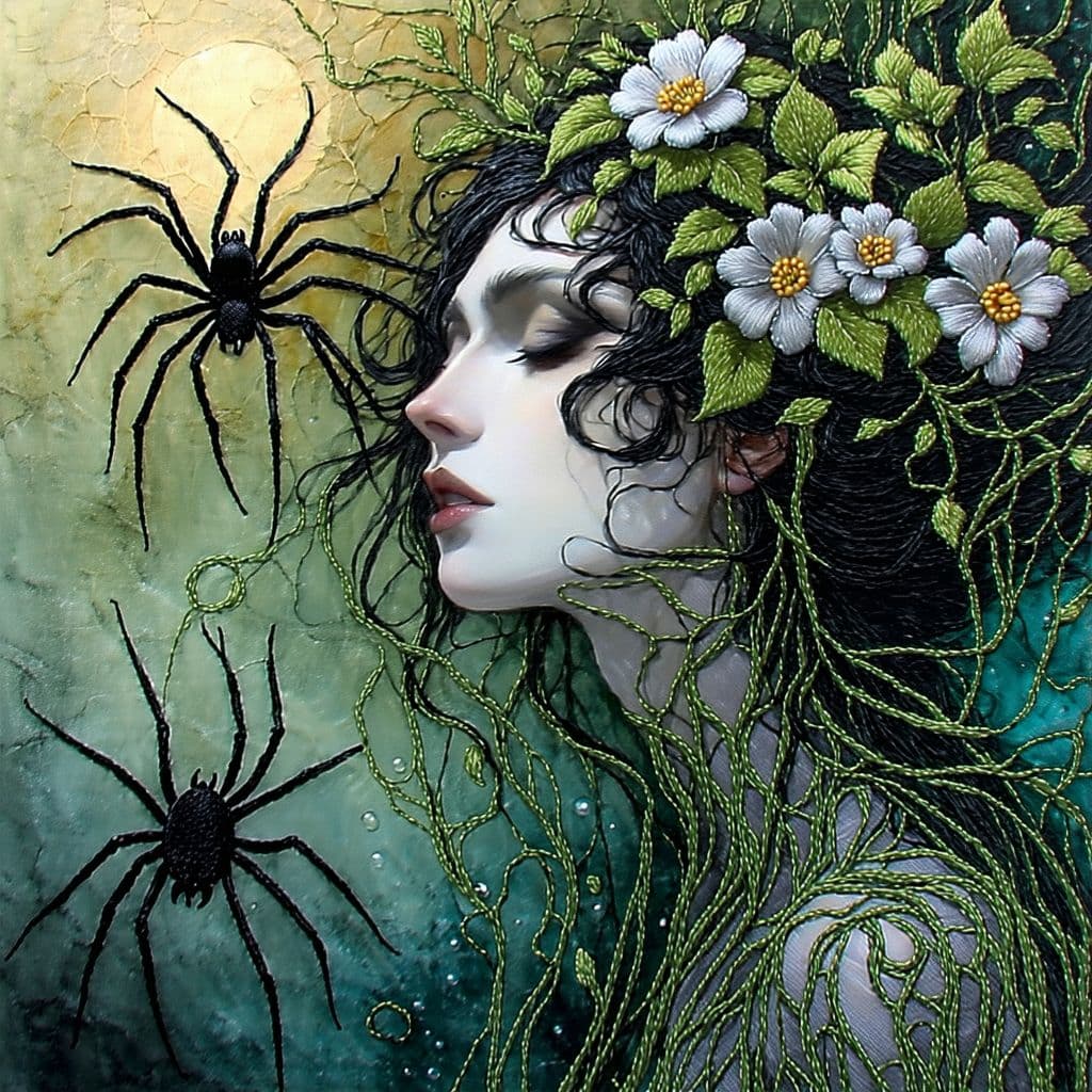 AI generated: Vibrant embroidered portrait, Salvador Dalí inspired, melting fabric elements, surreal stitched feat...