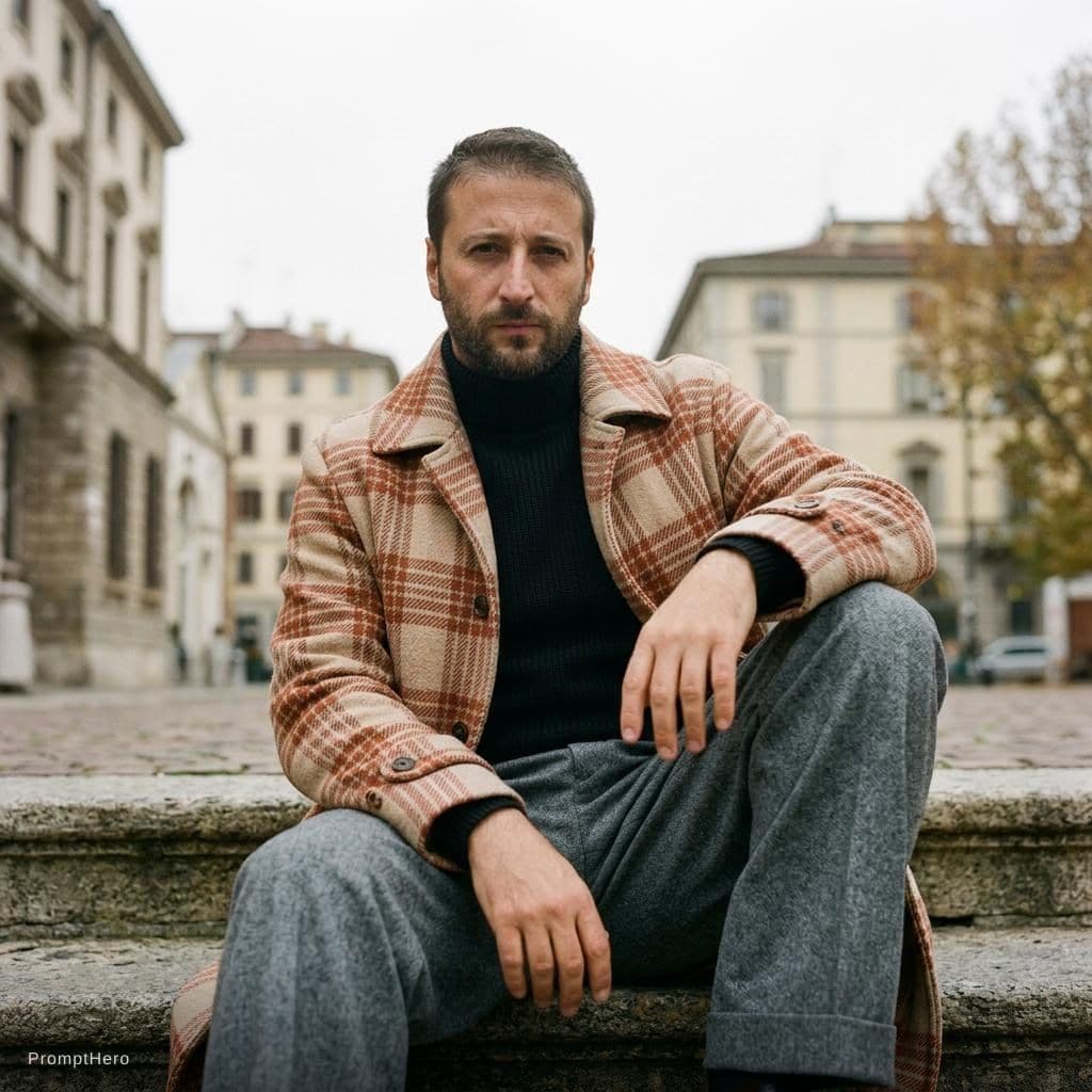 AI generated: Street Portrait Style. Fashion Editorial Style, minimalist, urban style of late autumn. Medium shot....