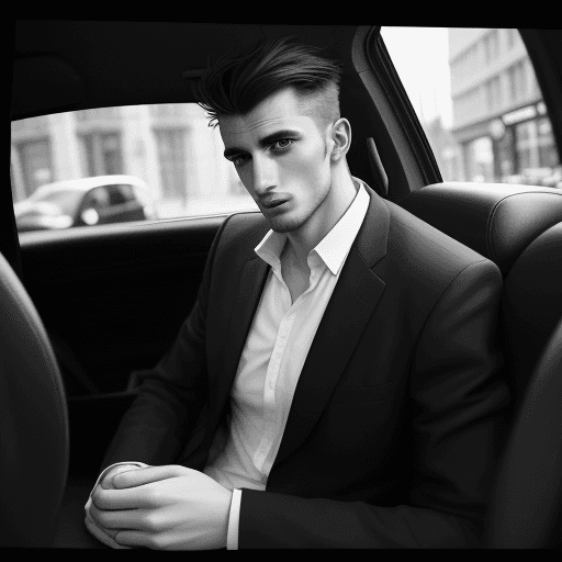 AI generated: Black and white street photography of an attractive man inside car, on the streets of London, shot b...