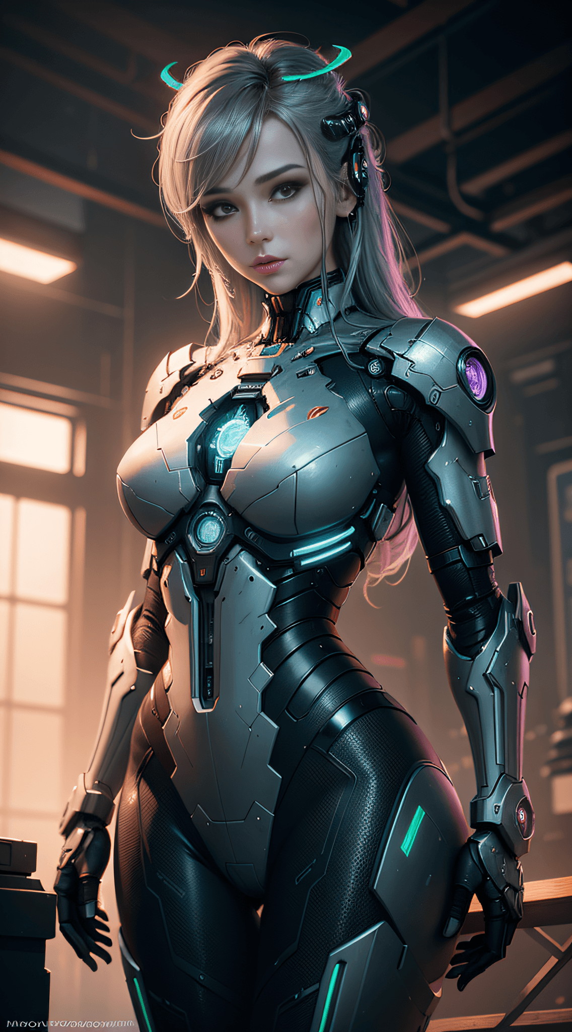 AI generated: a HDR photograph of a beautiful woman, halo, intricate cyberpunk robot, highly detailed, soft bokeh,...