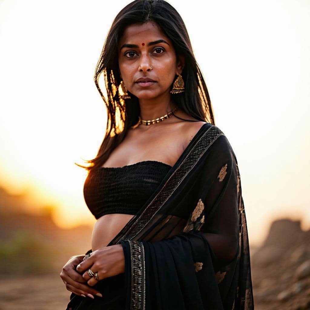AI generated: Photo of a ultra realistic Indian Wife Wearning Black Hot Saree, dramatic light, pale sunrise, cinem...