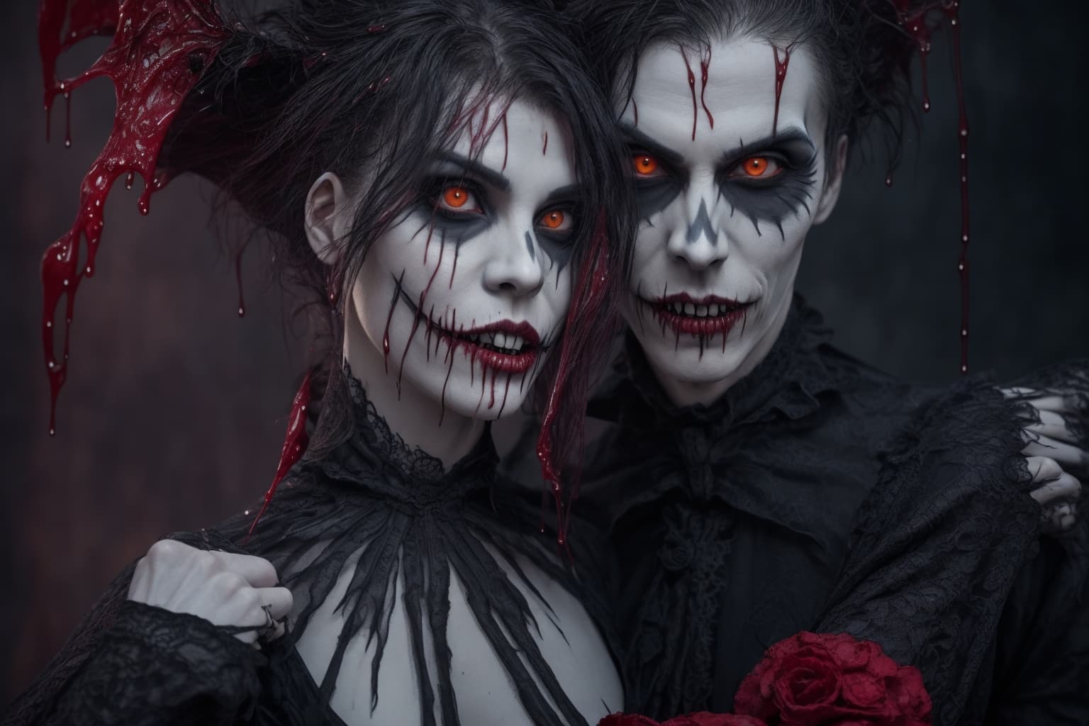 AI generated: jack skellington as a male holding sally, surreal masterpiece of a gothic vampire, angry, gothic enc...