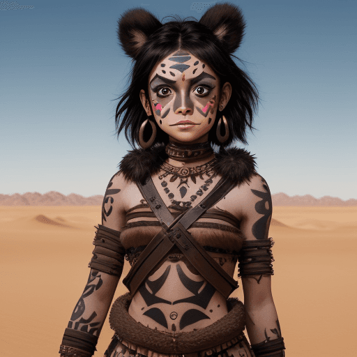 AI generated: a young happy warrior princess in a desert, with face paint, black hair, brown big eyes, short outfi...