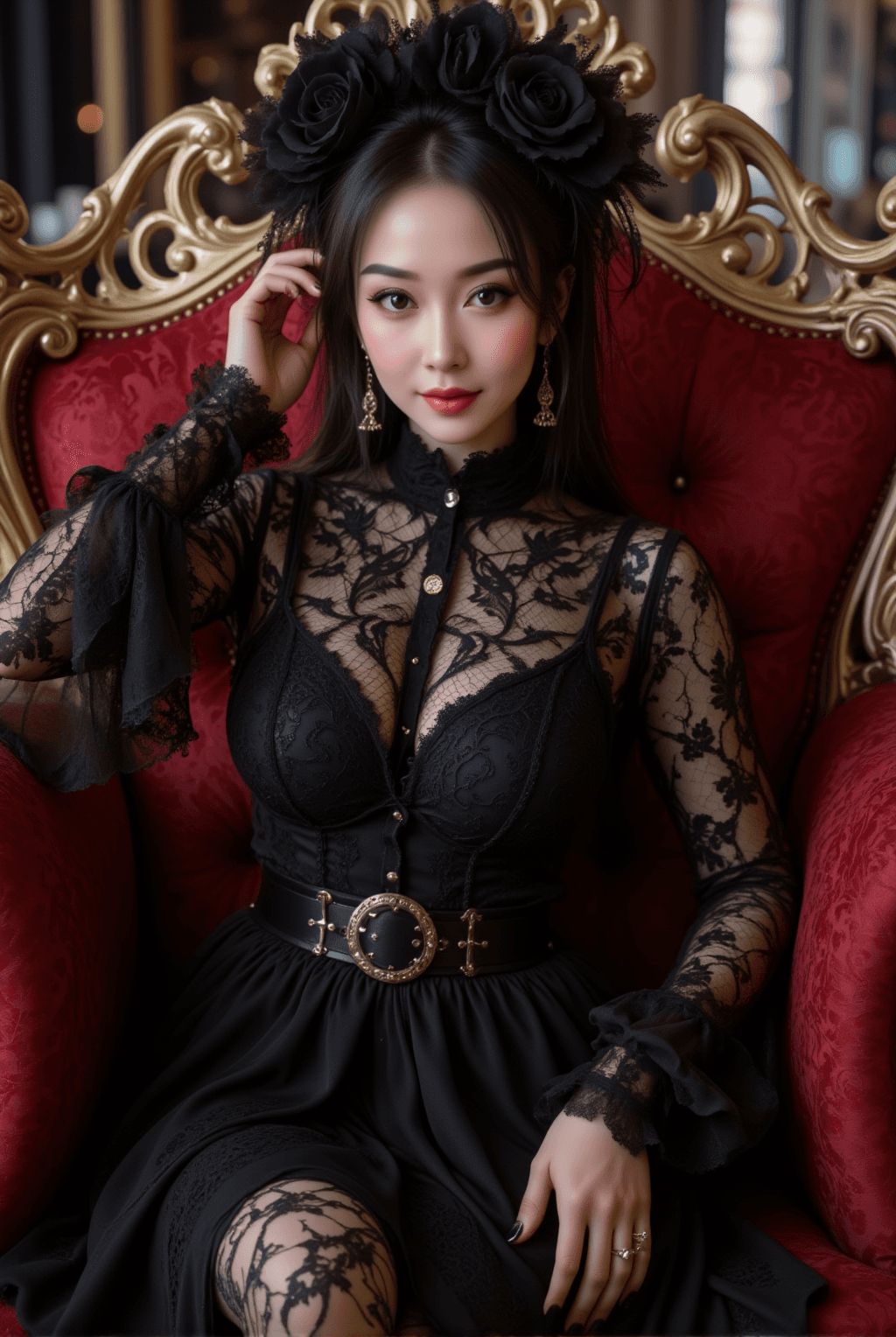 AI generated: A stunning model showcases the latest gothic fashion, featuring an elegant black lace dress and a st...