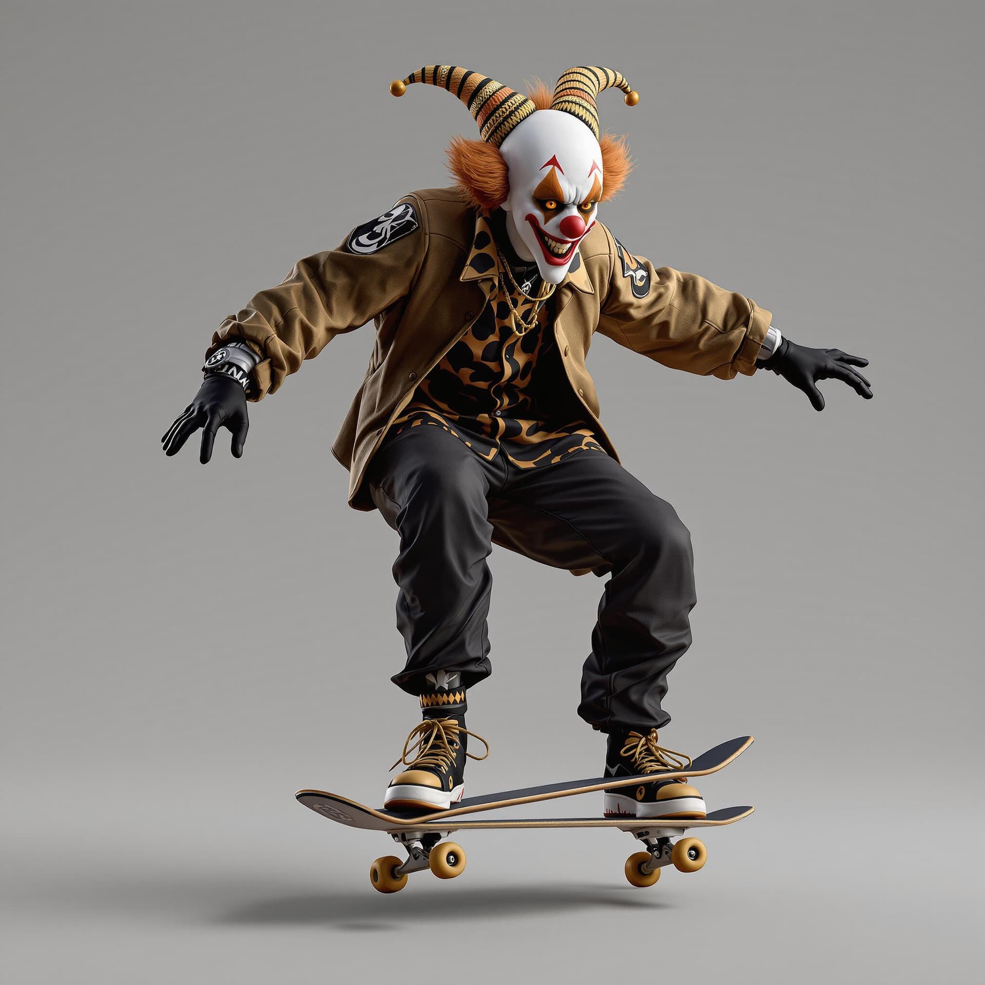 AI generated: Skateboarding clown, Digital rendering, 3D modeling, Contemporary era, High contrast with dark and g...