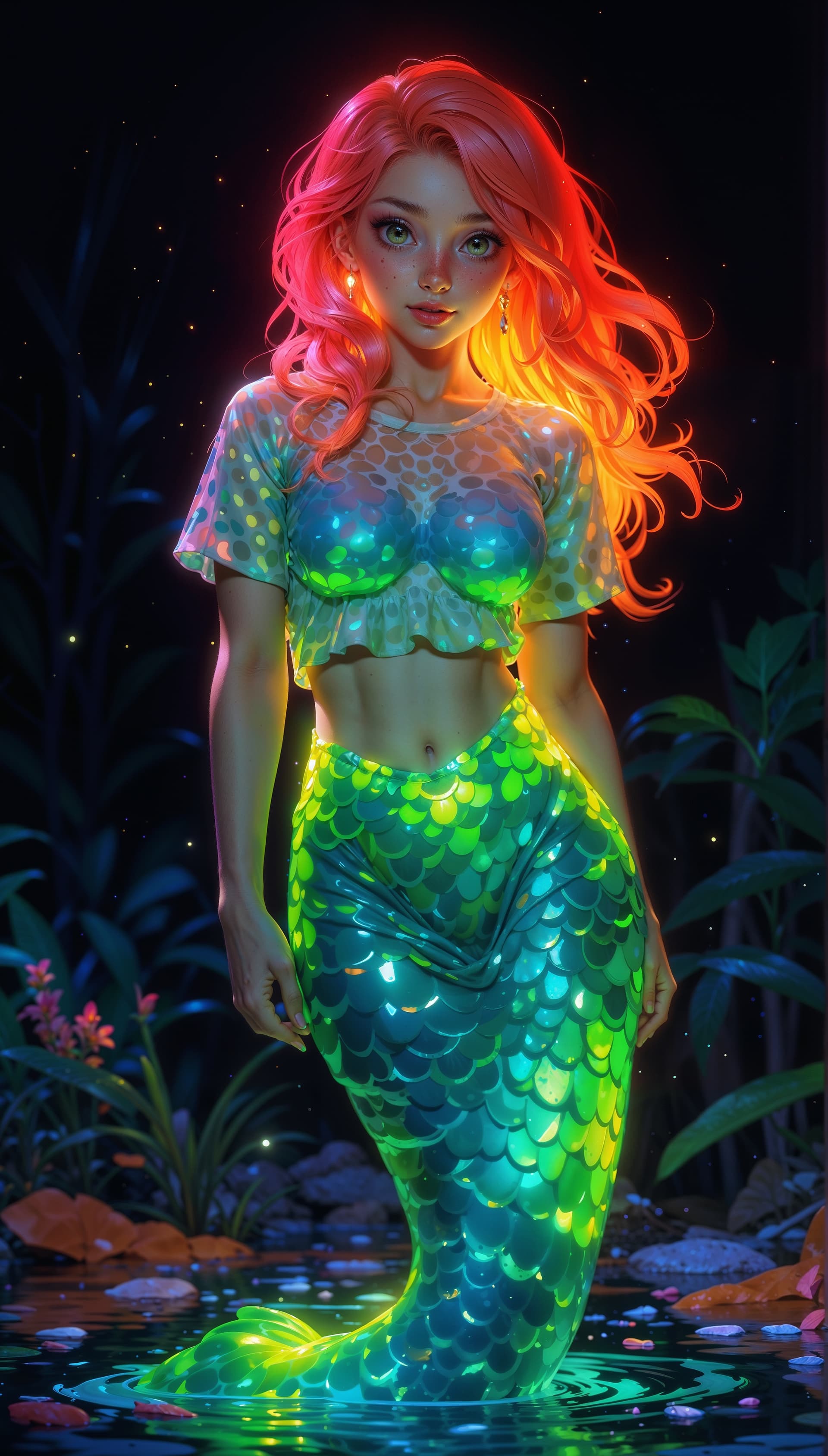 AI generated: a full body photo shot of a gorgeous cute (Mermaid) ginger with red hair, wearing a T-Shirt made of ...
