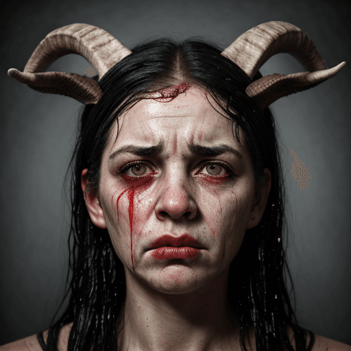 AI generated: realistic epic, Woman with (goat horns 1.2), sad look, deeply sad facial expression, red and swollen...