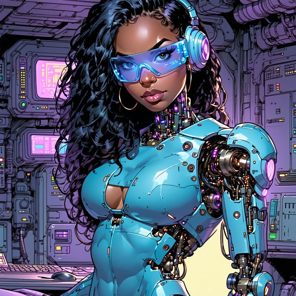 AI generated: Colorful ink drawing of the full body shot of young beautiful female cyborg warrior from Marvel's co...