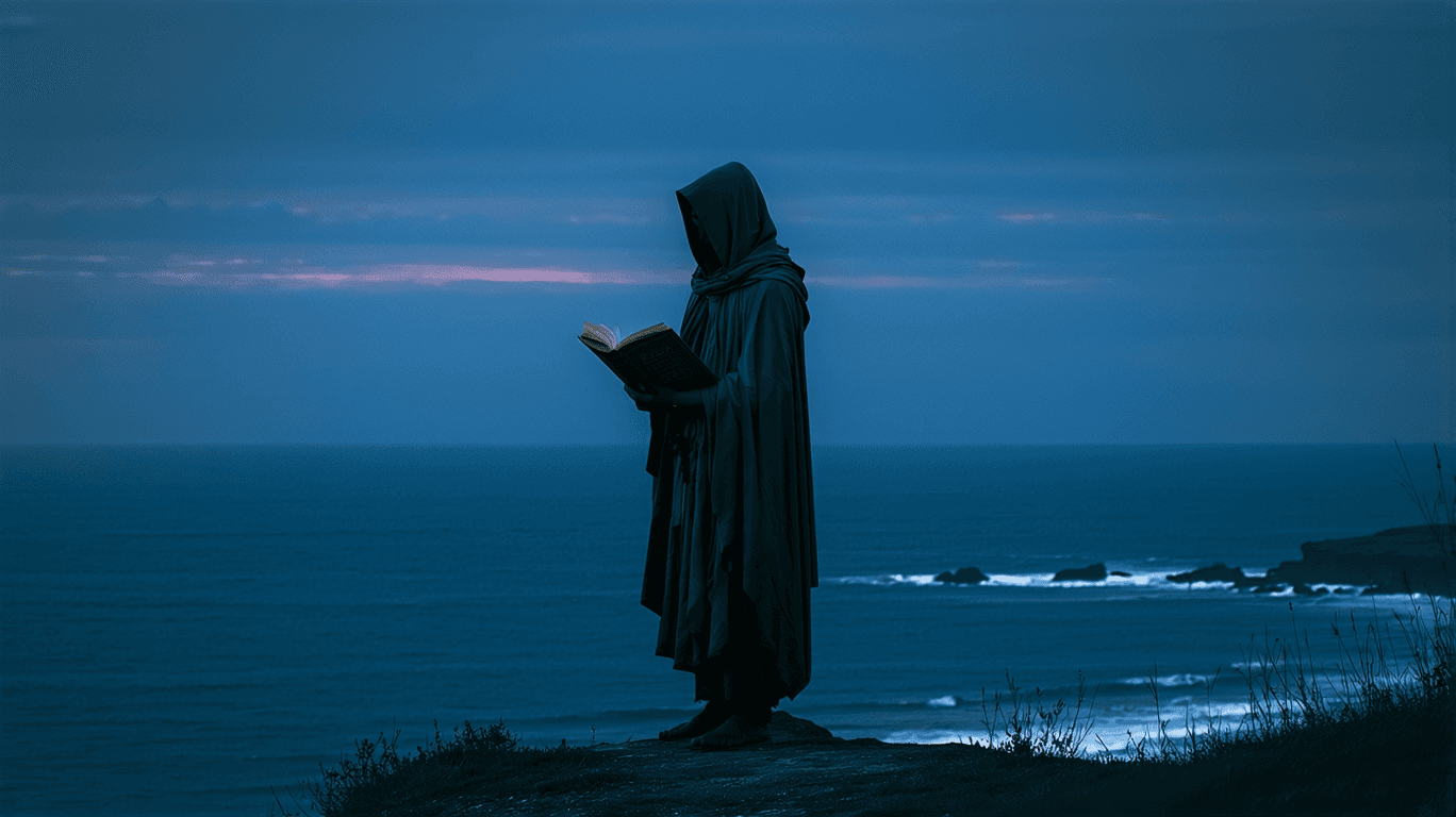 AI generated: A lone figure, deep in thought, stands at the edge of a cliff, overlooking a vast, serene ocean bene...