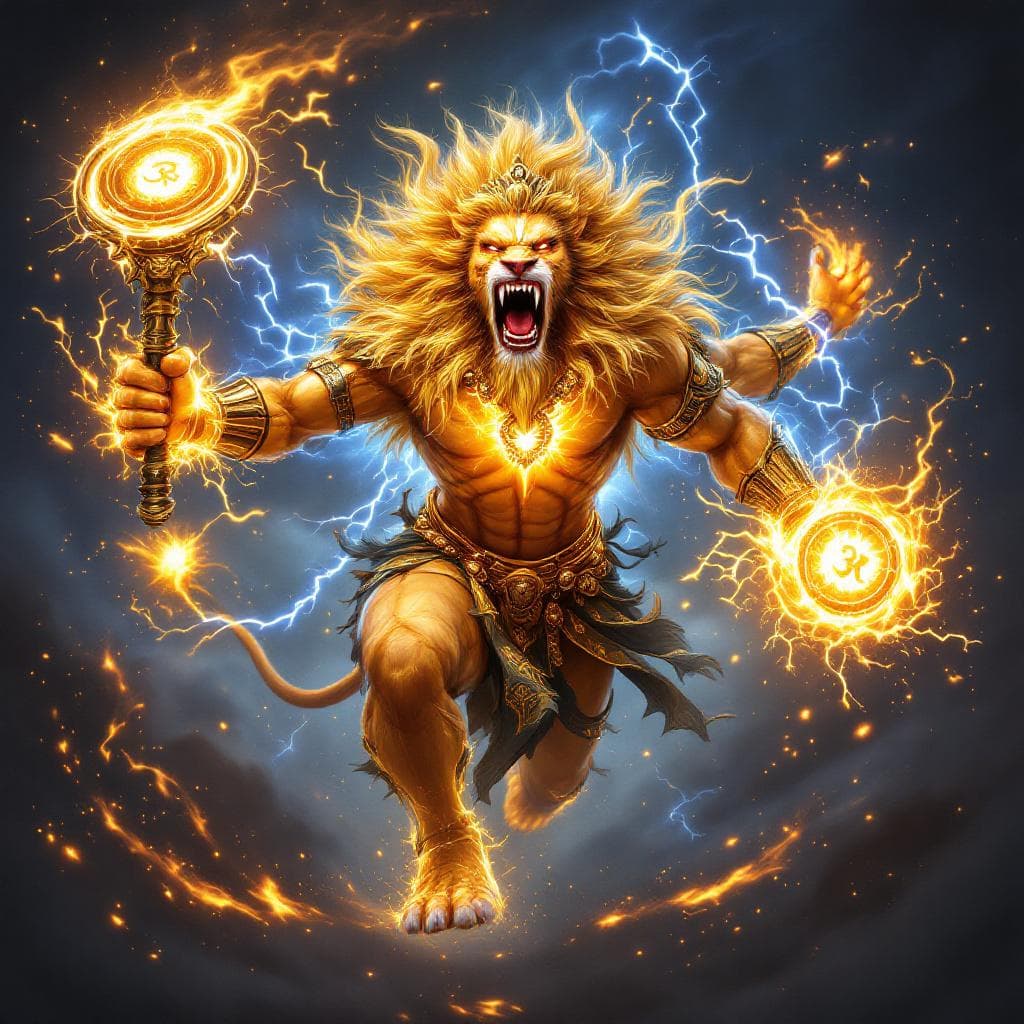 AI generated: An ultra-realistic, full-body portrait of Lord Narasimha, the ferocious half-lion, half-man avatar o...