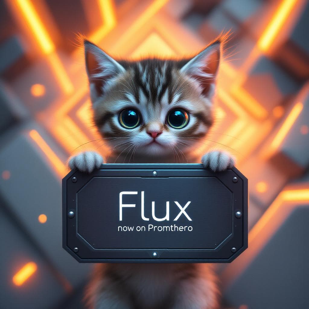 AI generated: Cute Baby cat with huge eyes, sad eyes, holding a Flat lay mockup of [a futuristic metal sign] (with...