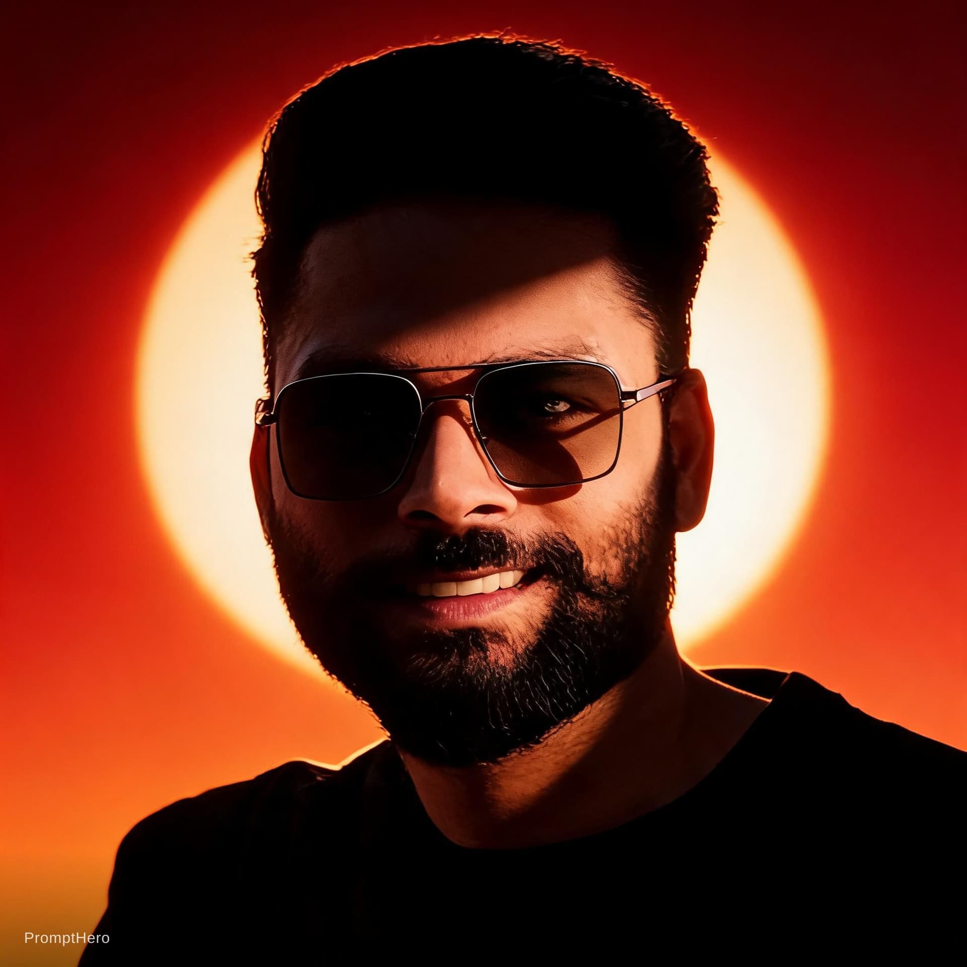 AI generated: A person with slicked-back dark hair wearing oversized square sunglasses is shown in a dramatic, cin...